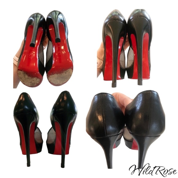 CHRISTIAN LOUBOUTIN Black Leather & Fishnet Mesh Platform Pumps SZ 38 - Picture 17 of 17